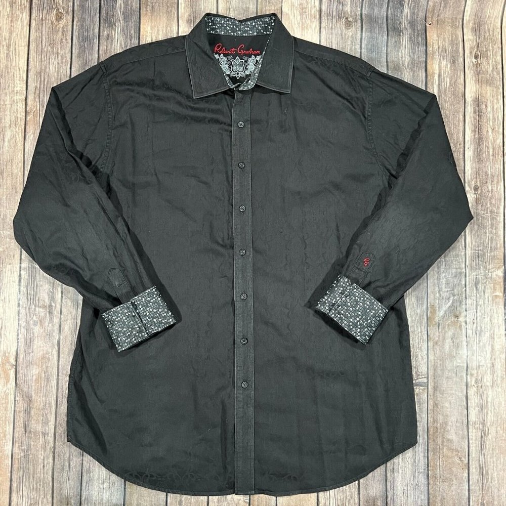 Robert Graham Flip Cuff Long Sleeve Button Shirt XL Mens Black Print